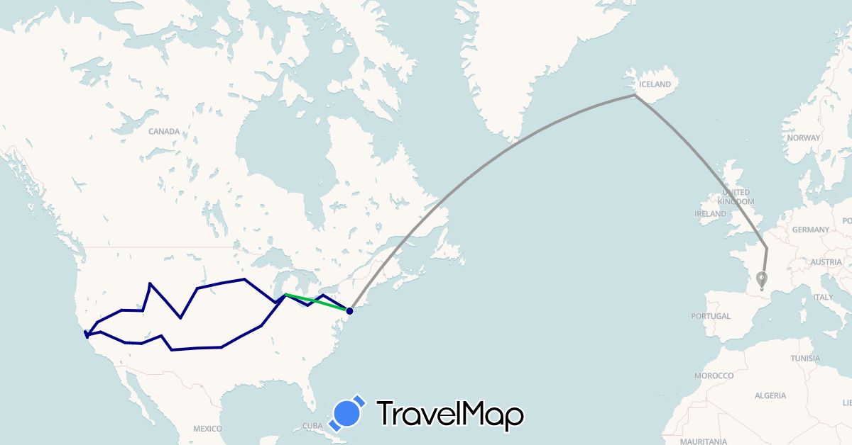 TravelMap itinerary: driving, bus, plane in France, Iceland, United States (Europe, North America)